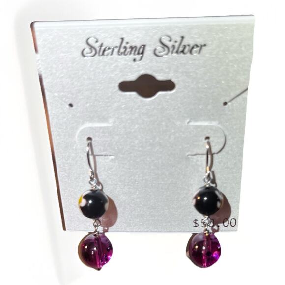Sterling Multicolor millifiori glass beaded Pierced Earrings Jewelry 1.5 Inch - Picture 2 of 4